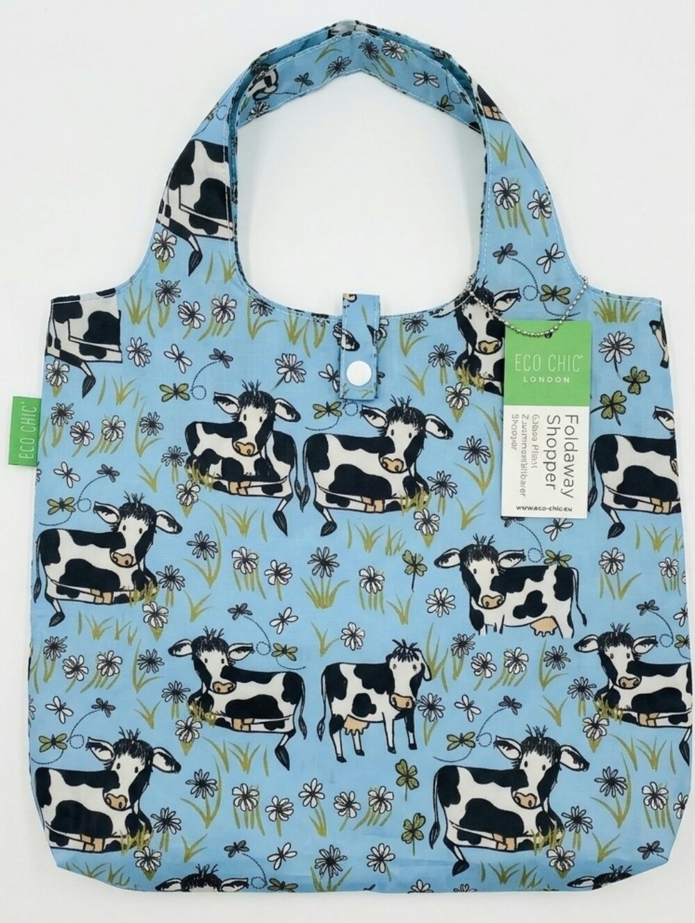 Eco Chic London Cow Print Shopper Foldable Tote Shopping Bag Foldaway Pouch Blue
